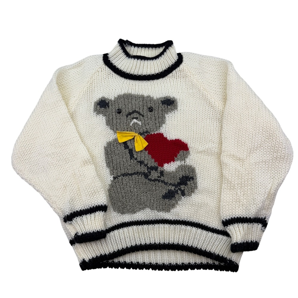 Evian II Knit Teddy Bear Heart Mock Neck Sweater Women's M Cream Black Handmade